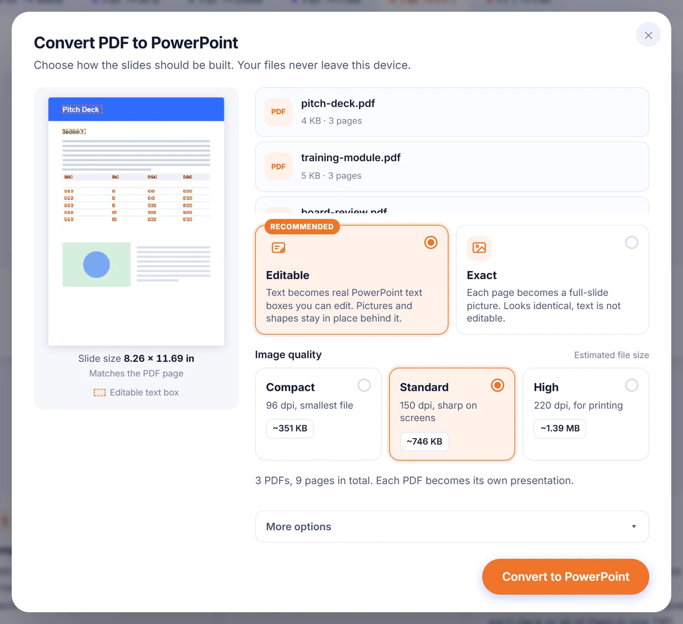Options window with an outlined preview of the Pitch Deck slide, Editable mode marked Recommended next to Exact, and Compact, Standard and High quality